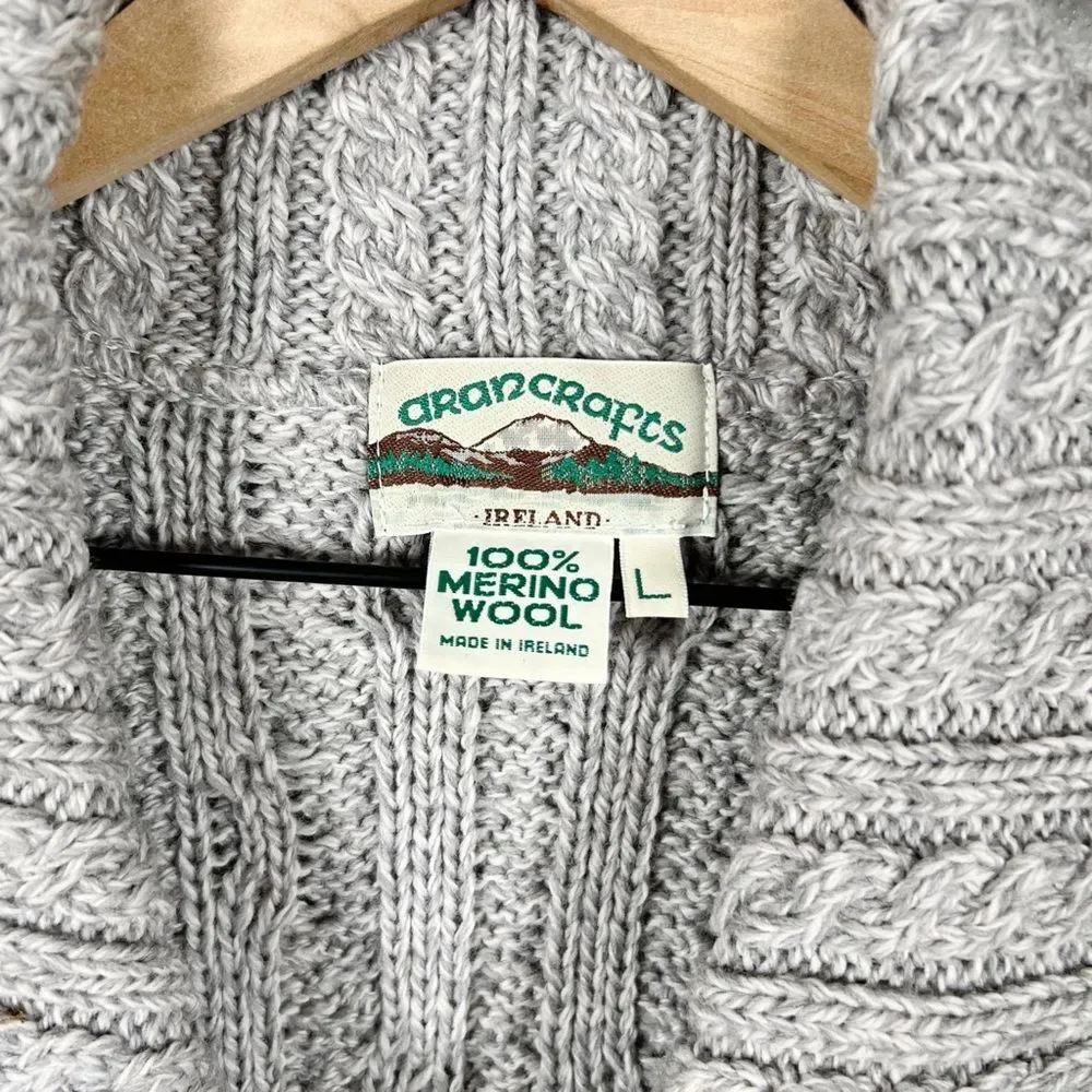Aran Craft Ireland Merino Wool Fisherman Cable Knit Cardigan Sweater Gray Large